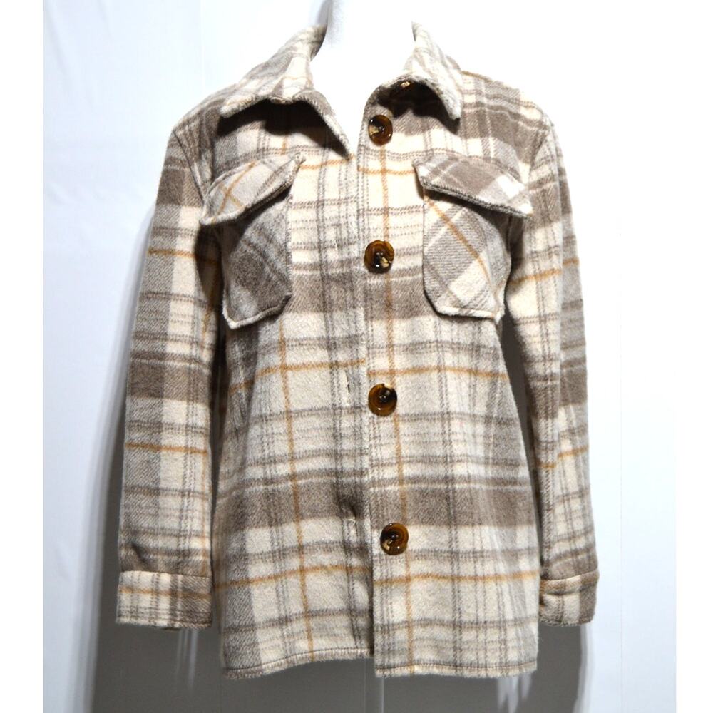 Jason Maxwell Woman's Flannel Plaid Jacket Size Small Cream & Tan